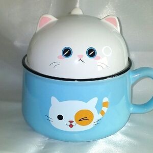 Cute Cat Design Blue and White noodle bowl